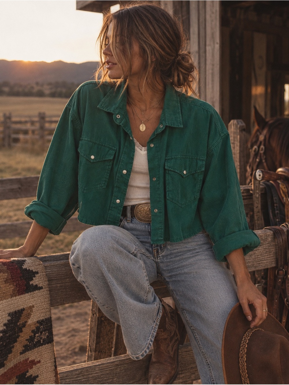Erica Cropped Teal Lightweight Button-Up Top
